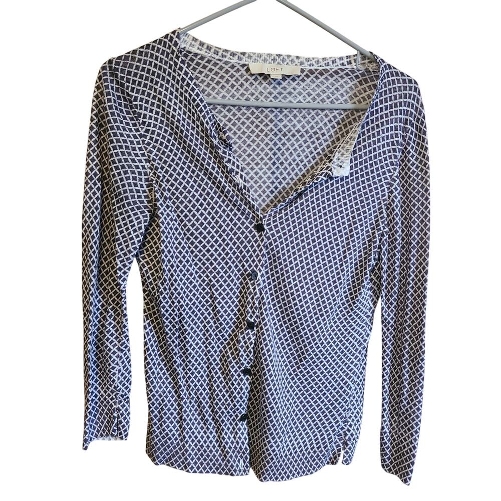Loft Ultra Lightweight 3/4 Sleeves Cardigan Womens M Geometric Print Ramie Blend